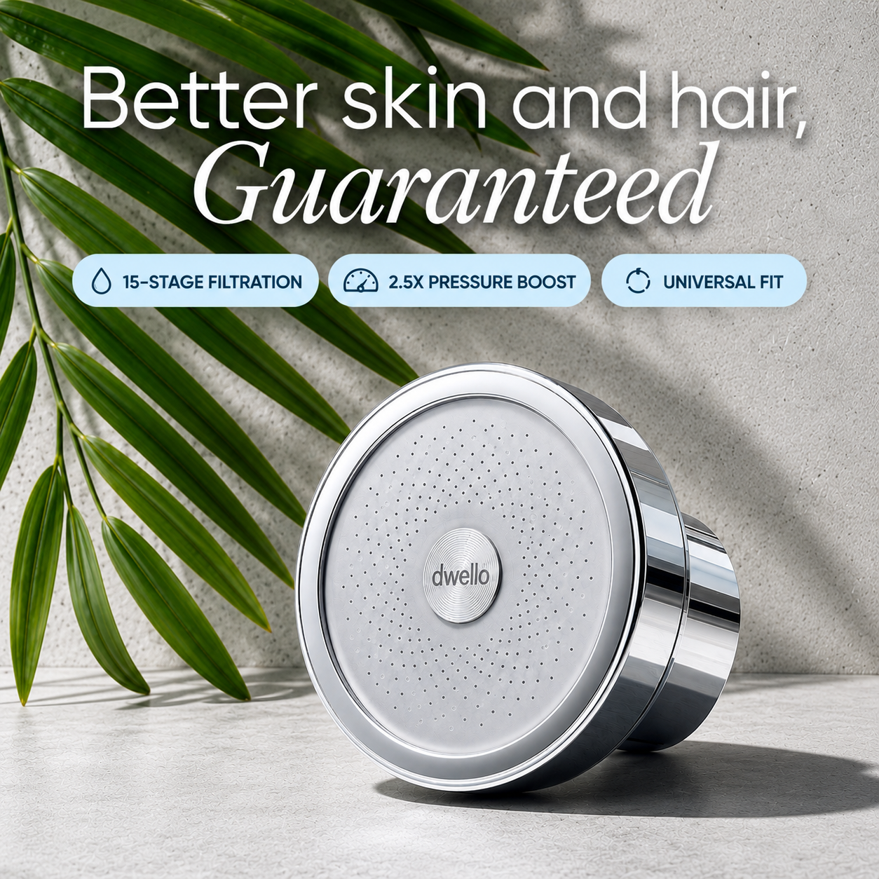 Dwello filtered shower head with 15-stage filtration, pressure boost technology, and universal fit design for cleaner water, healthier skin, and softer hair.