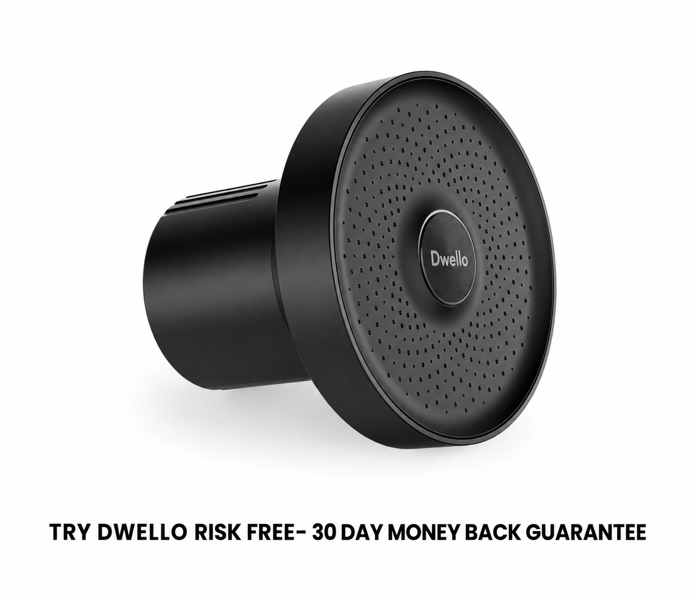 Dwello black filtered shower head with advanced water filtration technology and a 30-day money-back guarantee for cleaner shower water, healthier skin, and improved hair health.