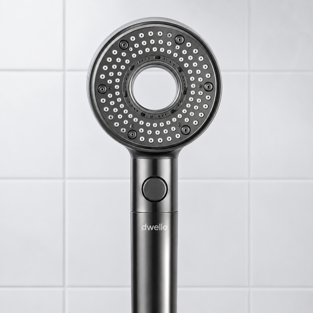 Dwello Classic Gray filtered handheld shower head with advanced water filtration and pressure boost technology designed to reduce chlorine and support healthier skin and hair.