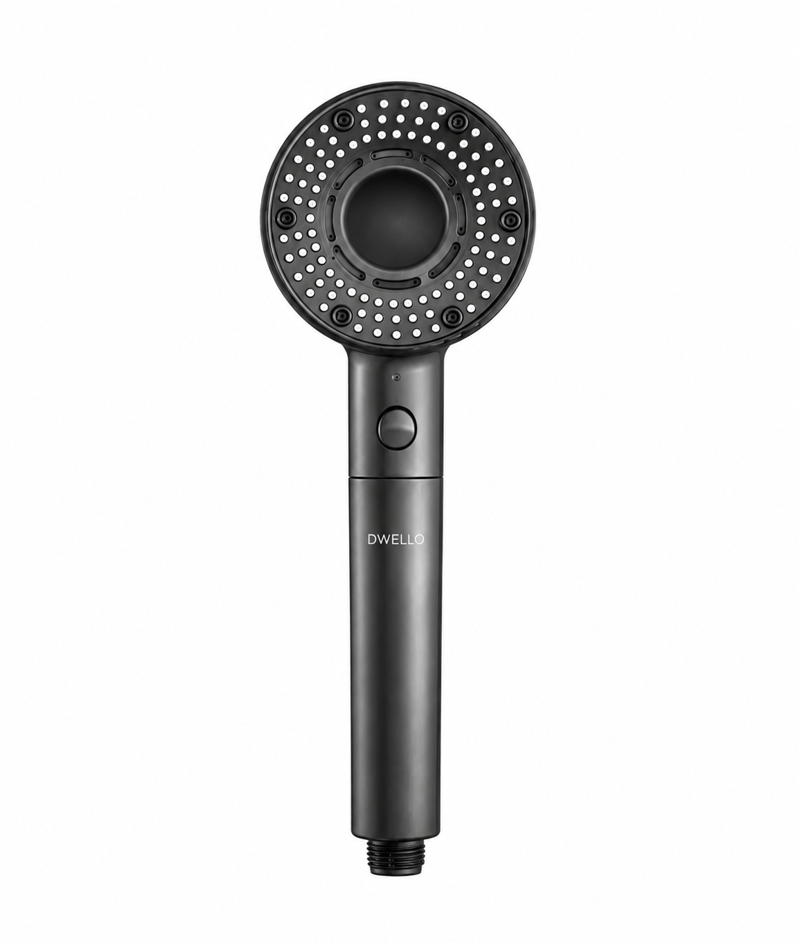 Front view of the Dwello Classic Gray filtered handheld shower head featuring advanced multi-stage filtration, pressure boost technology, and a premium modern design.