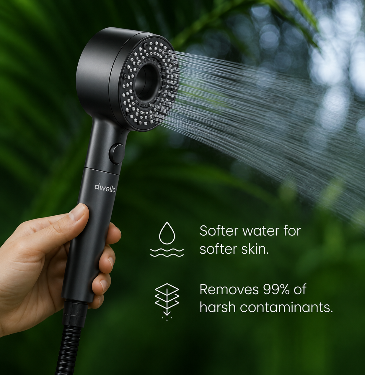 Dwello Classic Gray filtered handheld shower head in use, delivering softer shower water through advanced filtration technology that helps reduce chlorine, limescale, and other common water contaminants.