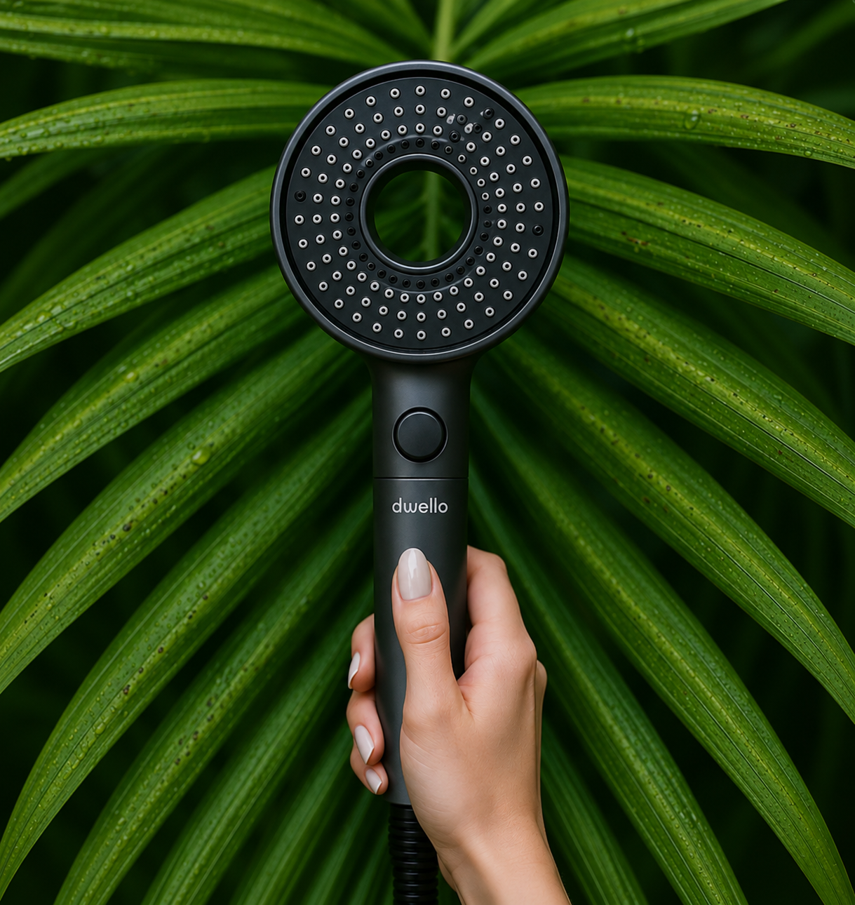 Dwello Classic Gray filtered handheld shower head held against a botanical background, showcasing premium design, advanced water filtration, and a wellness-focused shower experience.