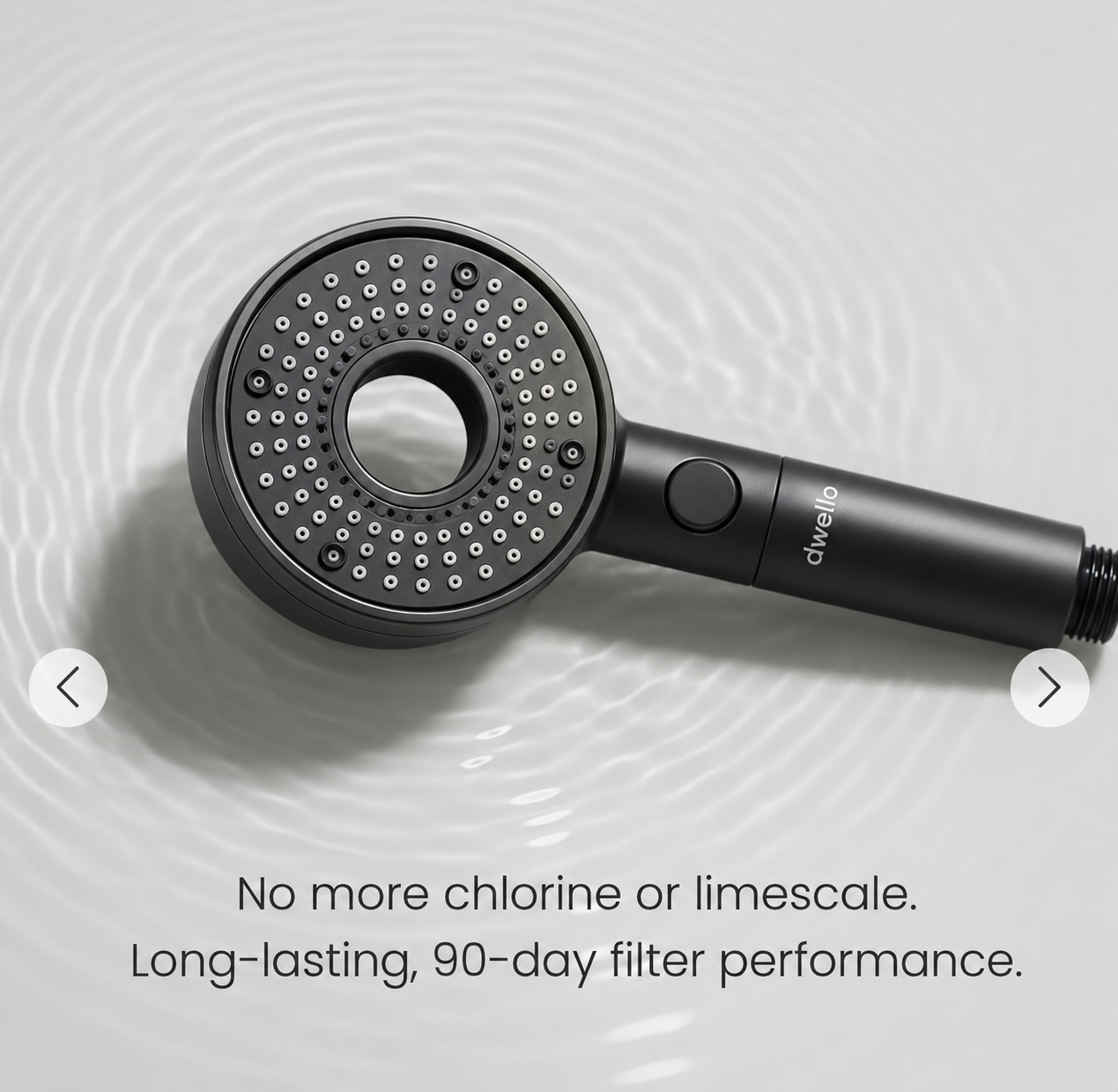 Dwello Classic Gray filtered handheld shower head with advanced multi-stage filtration designed to reduce chlorine and limescale while delivering up to 90 days of filter performance.