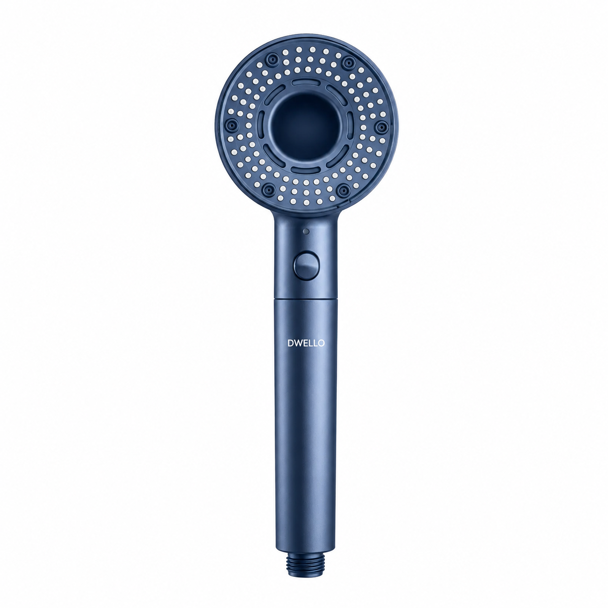 Front view of the Dwello Deep Blue filtered handheld shower head featuring advanced multi-stage filtration, pressure boost technology, and a premium modern design.