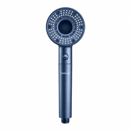 Front view of the Dwello Deep Blue filtered handheld shower head featuring advanced multi-stage filtration, pressure boost technology, and a premium modern design.