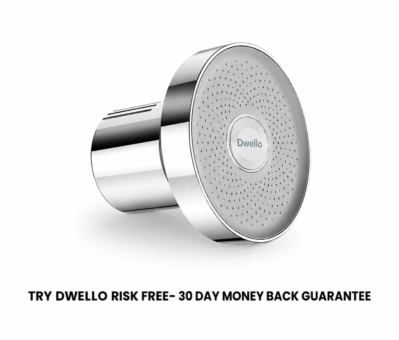 Dwello premium filtered shower head in chrome finish backed by a 30-day money-back guarantee for cleaner shower water, healthier skin, and improved hair health.