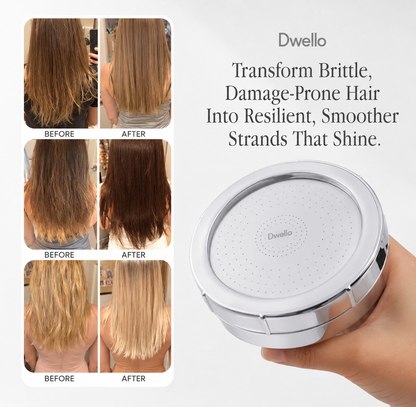 Before and after hair transformation results achieved with the Dwello filtered shower head, showing smoother, healthier, shinier hair and reduced dryness from cleaner filtered shower water.