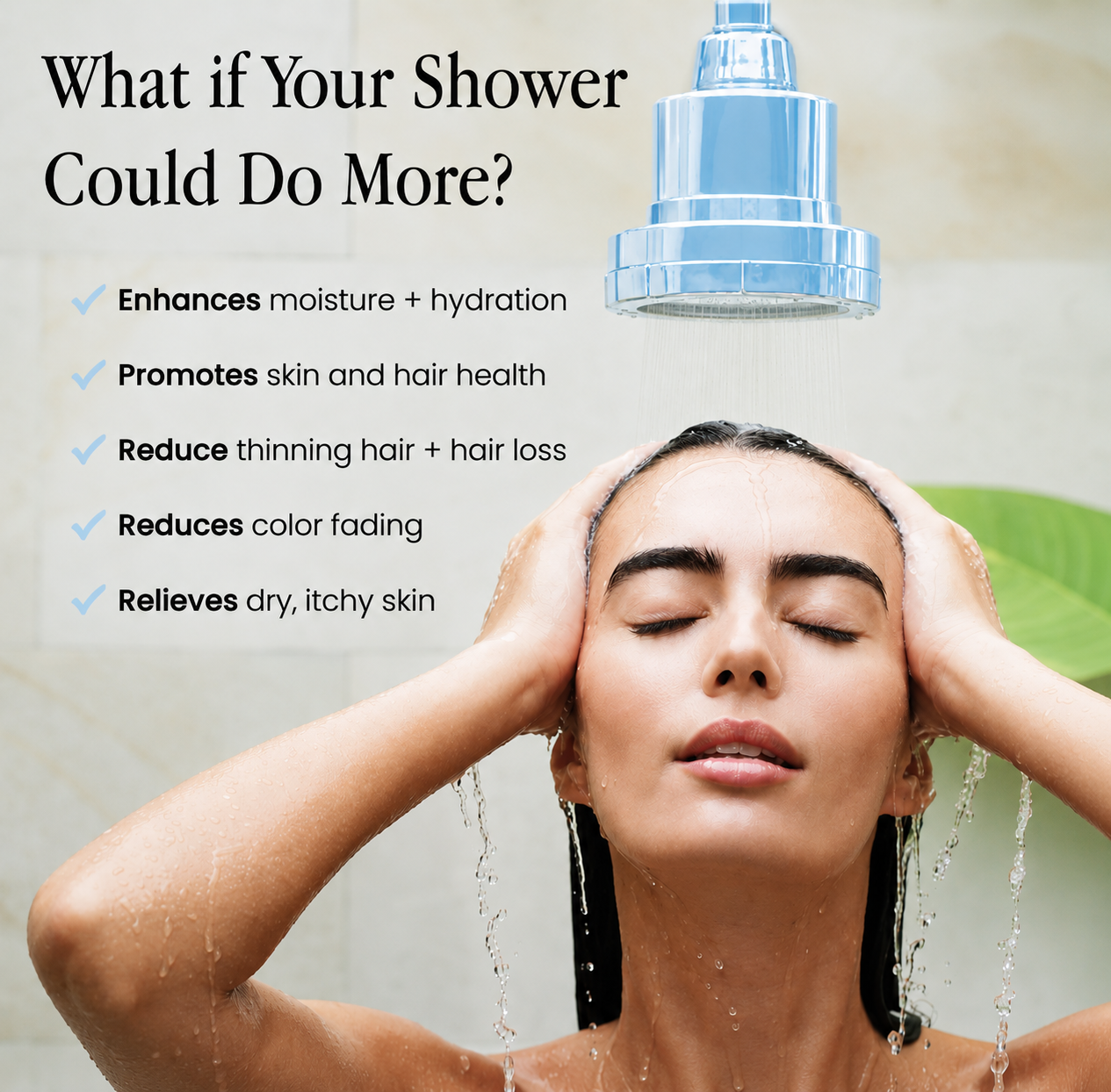 Woman enjoying a shower with a Dwello filtered shower head designed to improve skin hydration, support hair health, reduce chlorine exposure, and provide cleaner water for healthier skin and hair.