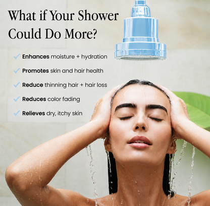 Woman enjoying a shower with a Dwello filtered shower head designed to improve skin hydration, support hair health, reduce chlorine exposure, and provide cleaner water for healthier skin and hair.