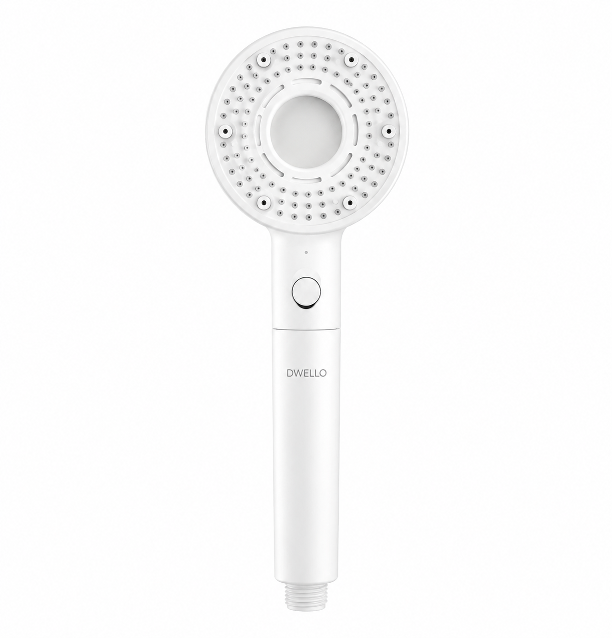 Front view of the Dwello Minimalist White filtered handheld shower head featuring advanced multi-stage filtration, pressure boost technology, and a clean modern design.