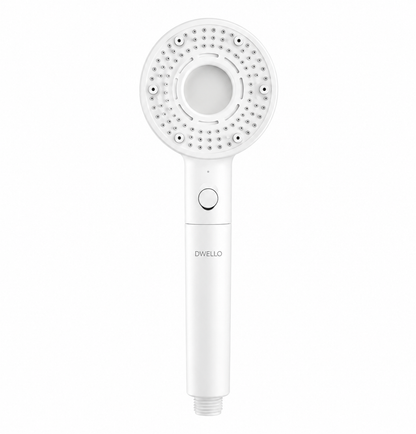 Front view of the Dwello Minimalist White filtered handheld shower head featuring advanced multi-stage filtration, pressure boost technology, and a clean modern design.