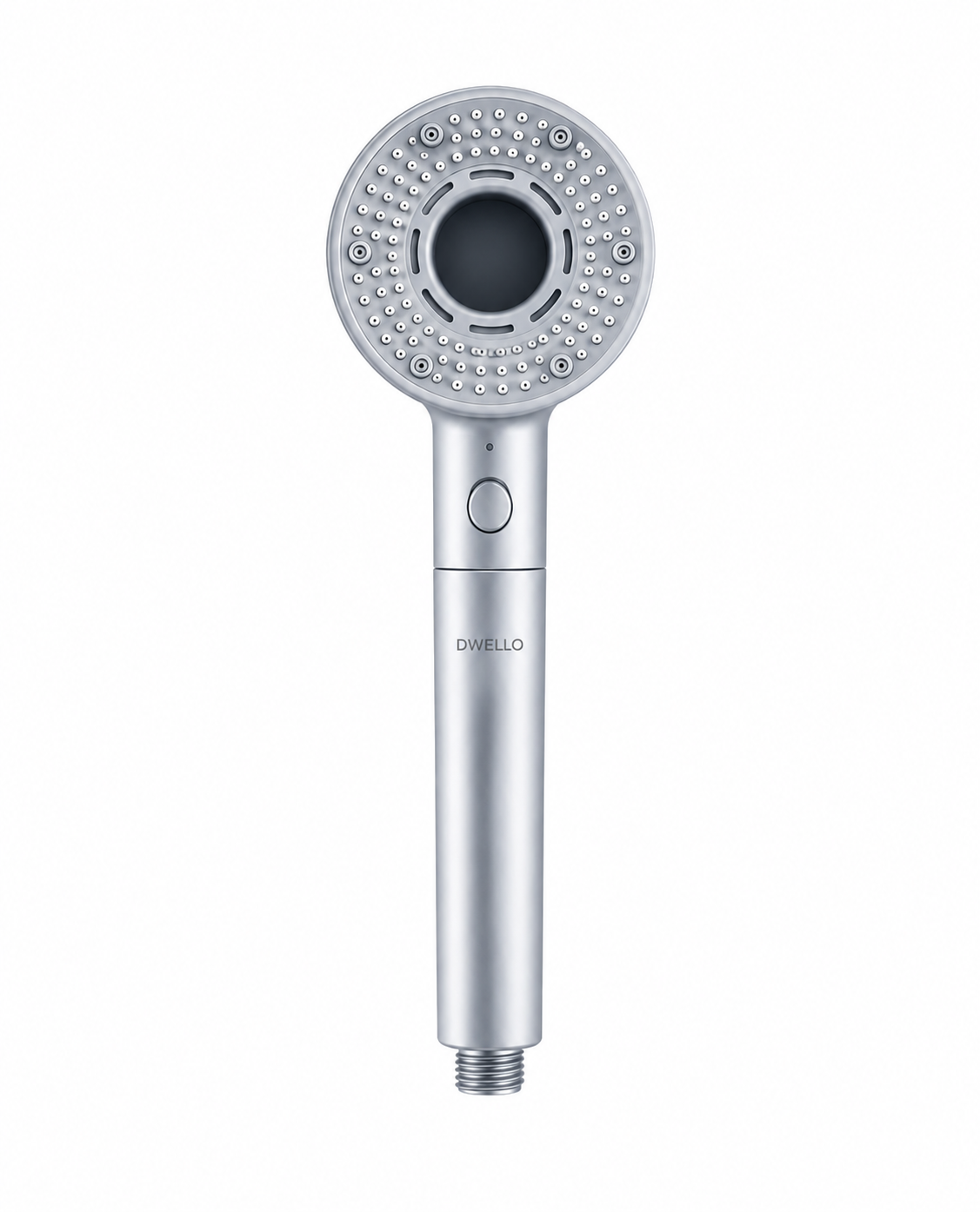 Front view of the Dwello Starry Silver filtered handheld shower head featuring advanced multi-stage filtration, pressure boost technology, and a premium brushed silver finish.