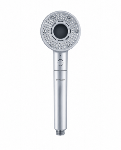 Front view of the Dwello Starry Silver filtered handheld shower head featuring advanced multi-stage filtration, pressure boost technology, and a premium brushed silver finish.