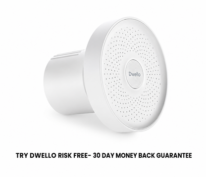 Dwello white filtered shower head with advanced water filtration technology and a 30-day money-back guarantee for cleaner shower water, healthier skin, and improved hair health.